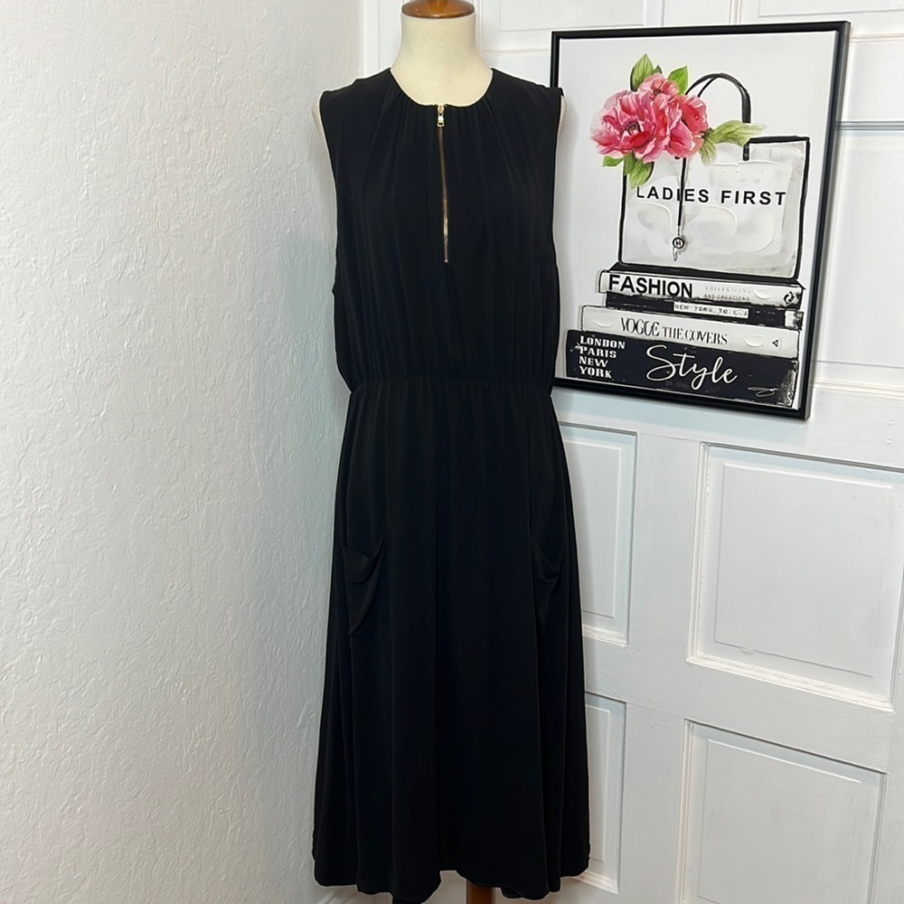& Other Stories Black Silk Zip Front Midi Dress Size 42/8-10/M
